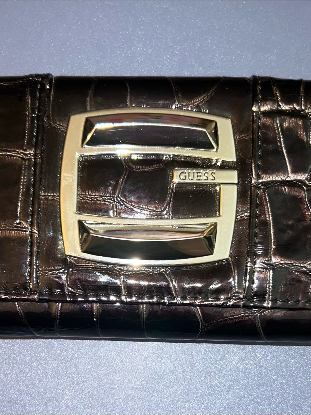 GUESS Black Croc-Embossed Wallet with Gold Logo Accent
